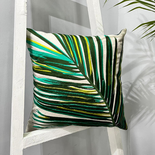 Bright Green Aari Leaf Cushion Cover