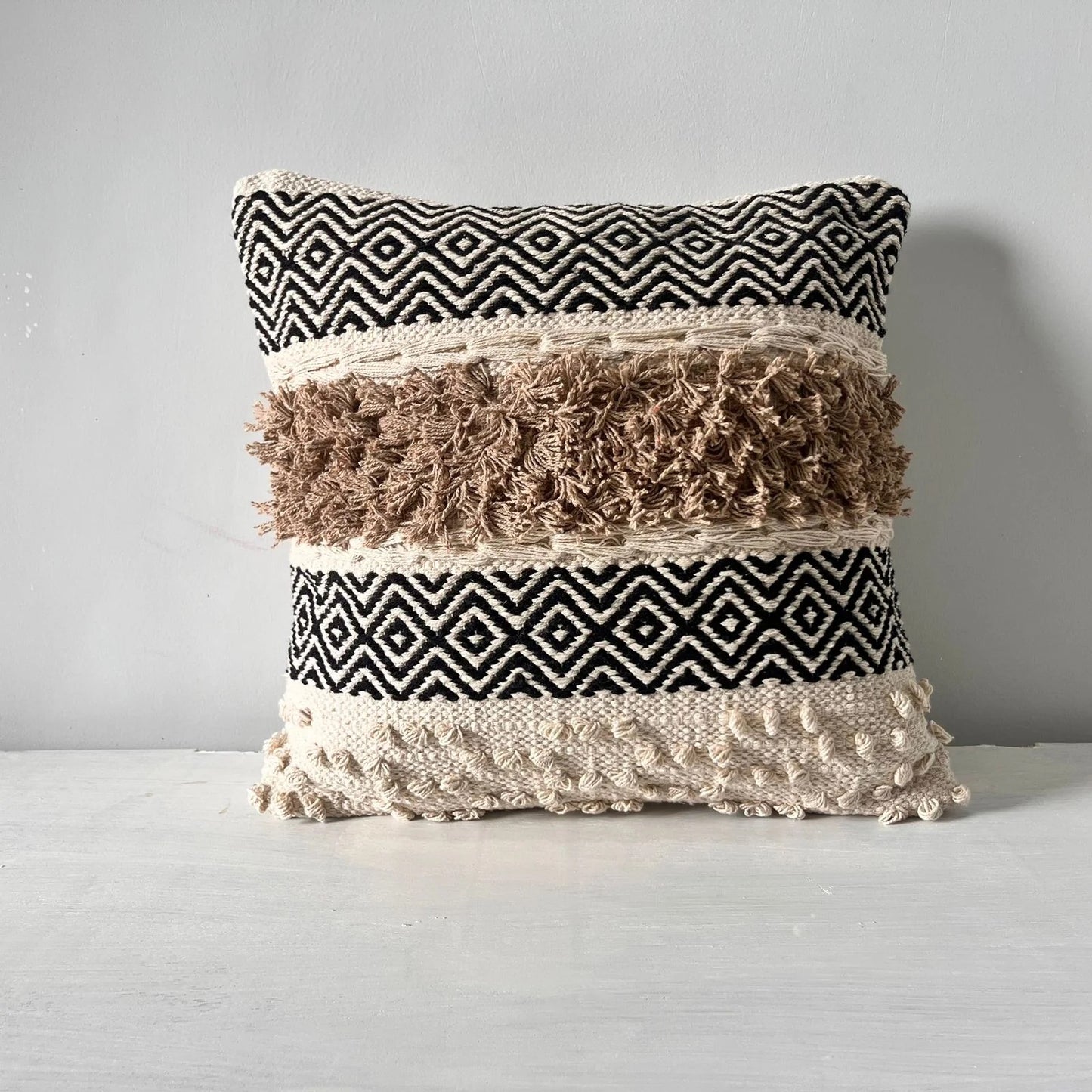 Ruffled Camel Colour and Black Diamonds Cushion Cover